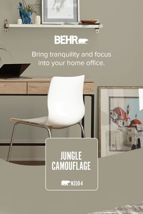 Discover Jungle Camouflage, a luxurious shade that brings tranquility and focus to your home office. Behr Bohemian Paint Colors, Best Grey Paint Colors, Adobe Sand, Office Color Ideas, Bear Bare, Georgia Living, Craftsman Home Exterior, Warm Neutral Paint Colors, Basement Paint