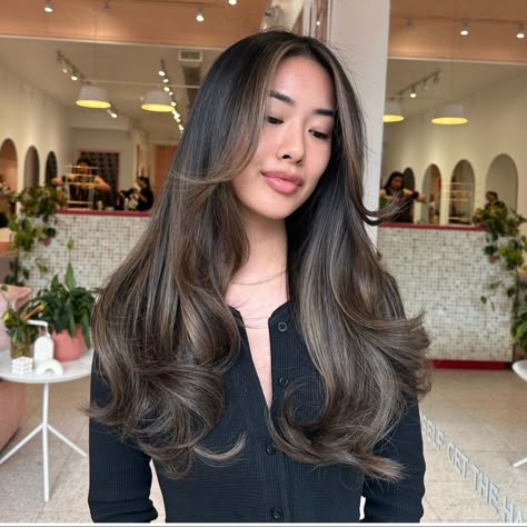 Brown Hair Minimal Balayage, Dark Brown And Black Balayage, Ashy Brown Hair Fair Skin, Cool Brown Highlights On Black Hair, Dark Brown Hair Change Ideas, Jess Vestal Hair, Dark Gloss On Hair, Neutral Olive Skin Tone Hair Colors, Balayage For Dark Brown Hair Asian