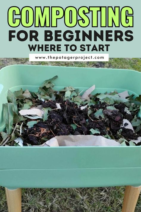 A small green compost bin with wooden legs, filled with organic materials like leaves, paper scraps, and soil, set outdoors on grass. The compost pile is in the process of breaking down, showing a mixture of brown and green matter. Urban Composting, Composting For Beginners, Apartment Composting, How To Start Composting, Start Composting, Composting 101, How To Compost, Urban Backyard, Composting At Home