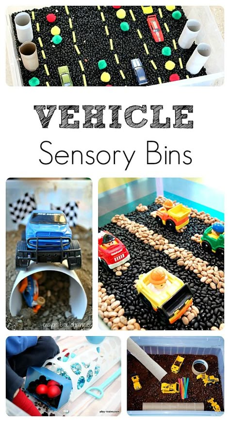 Vehicle Sensory Bins...fun play activities for kids Transportation Theme Preschool, Lila Party, Preschool Transportation, Sensory Tables, Transportation Unit, Super Mama, Sensory Tubs, Transportation Activities, Sensory Tub