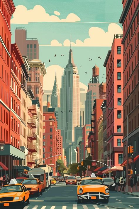 🖼️✨Travel Wall Art with Midjourney Prompts - Follow the Link in my Bio🚨🔗 Travel Poster Design Graphics, City Scape Drawing, Nyc Illustration, Art Deco New York, Cityscape Illustration, Comic City, Illustration Building, New York Illustration, City Collage