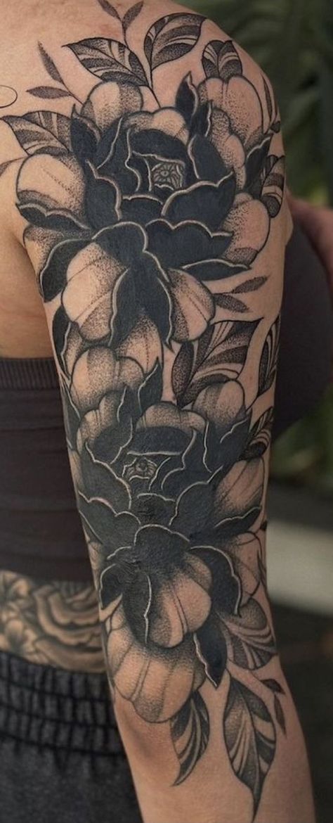 Sleeve Tattoos With Flowers, White And Black Flower Tattoo, Black Shaded Flower Tattoo, Floral Arm Tattoo Cover Up, Darker Floral Tattoo, Black And Blue Tattoos For Women, Black Lily Tattoo Cover Up, Blacked Out Leg Tattoo, Heavy Black Floral Tattoo