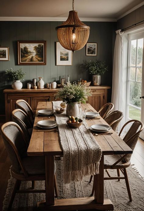 20 Chic Dining Room Ideas To Copy 7 Dining Room With Farmhouse Table, Small Dining Room With Patio Doors, Cottage Modern Dining Room, Dining Room With Kitchen Ideas, Homely Dining Room, Neutral Green Dining Room, Cosy Dining Room Ideas Small Spaces, European Country Dining Room, Dining Room Aesthetic Apartment