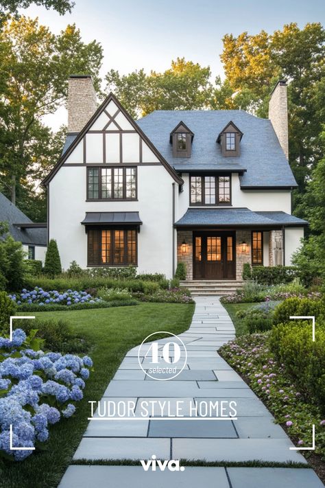 ♥ Are you dreaming of a charming Tudor-style home that combines modern elements with classic design? Dive into the beauty of this modern Tudor house exterior, featuring French and English cottage influences. Perfect for those who love cottagecore and cozy designs. Find your fairytale cottage today! 🏡🌿 #TudorStyleHomes #FrenchCottage #ModernCottage #CottageCore #CottageAesthetic American Exterior House, White Brick House Curb Appeal, Cottage With Courtyard, Arch House Exterior, Quirky Home Exterior, Character Homes Exterior, English Cottage Style Homes Exterior, Modern Cottage Homes Exterior, Dream Cottage House