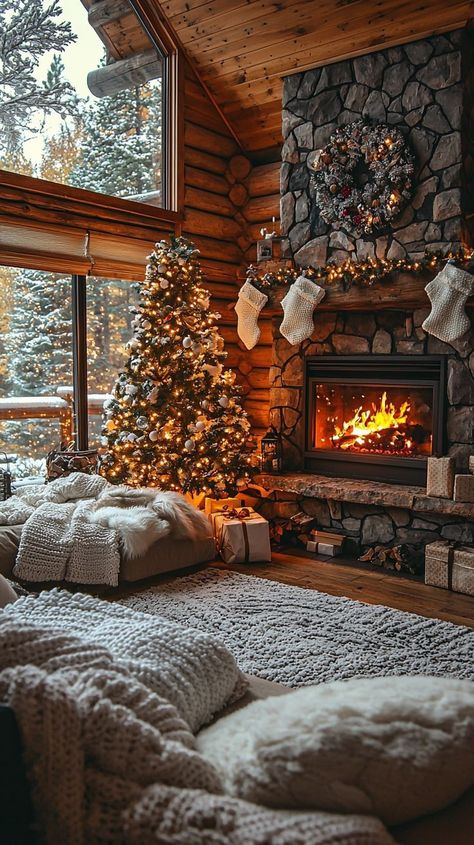 Cozy Cabin Christmas Tree, Christmas Cosy Aesthetic, English Cottage Winter, Winter Cabin Christmas, Christmas Forest Wonderland, Cozy Winter Cabin Aesthetic, Log Cabin Fireplace, Cozy Christmas Cabin, Fireplace Winter