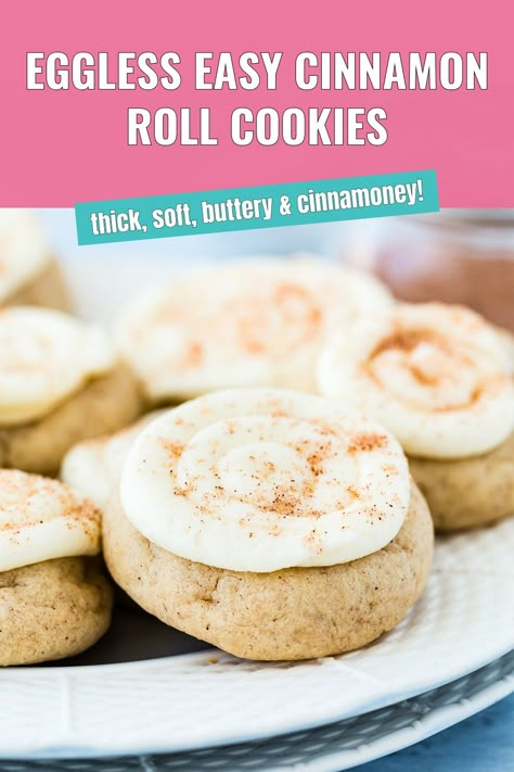 These Eggless Easy Cinnamon Roll Cookies are thick, soft, and buttery with a perfect hint of cinnamon, topped with sweet cream cheese icing for pure dessert bliss! They’re simple to make, egg-free for allergy-friendly baking, and perfect for sharing, snacking, or treating yourself. A cozy cookie recipe that’s a total winner! Recipes With No Eggs Dessert, Muffin Recipe No Eggs, Deserts With No Egg, Dessert Recipes With No Eggs, Egg And Nut Free Desserts, Easy Egg Free Desserts, Things To Bake Without Eggs, Baking No Eggs, No Eggs Desserts