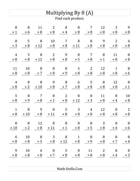 The Multiplying 1 to 12 by 8 (A) math worksheet from the Multiplication Worksheet page at Math-Drills.com. Multiplication Drills, Free Printable Multiplication Worksheets, Times Tables Worksheets, Multiplication Facts Worksheets, Printable Multiplication Worksheets, Math Multiplication Worksheets, Math Fact Worksheets, Math Drills, Multiplication Worksheets