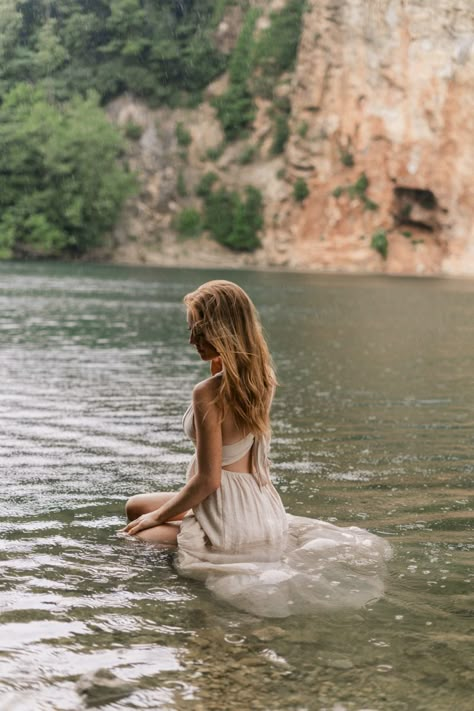 Pictures In Water Photography, Water Portrait Photography Lakes, River Goddess Photoshoot, Senior Lake Photoshoot, River Portrait Photoshoot, River Dress Photoshoot, Grad Pics In Water, White Dress Lake Photoshoot, Lake Photo Shoot Ideas