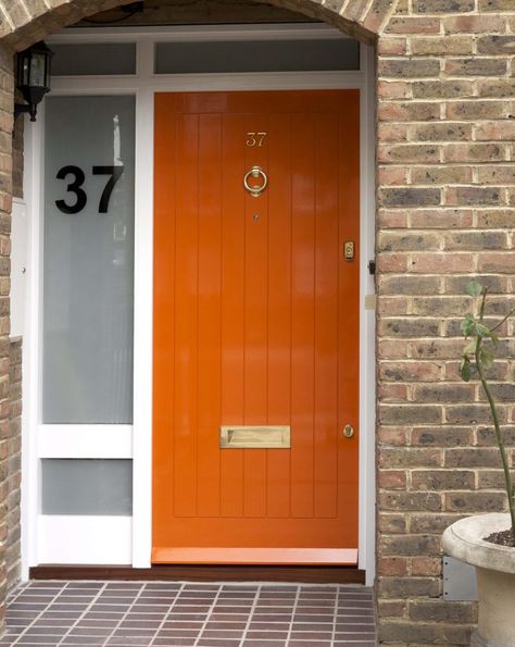 Orange Front Door, Oversized Door, Single Patio Door, Orange Front Doors, Front Door Ideas, 80s House, Double Sliding Barn Doors, 1960s House, Double Doors Interior