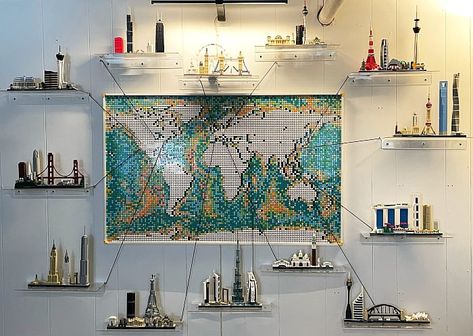 Lego Architecture Display Ideas, Home Office Lego Display, Lego Display Room Ideas, Lego Room Ideas For Adults, Lego Display Ideas Adult, Lego Decorations Room, Lego Set Display, Lego Aesthetic, Lego Displays