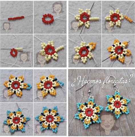 Beaded Jewelry Tutorials Free, Huichol Earrings Pattern, Huichol Beading Pattern, Seed Bead Earring Ideas, Huichol Beading Tutorials, Flower Seed Bead Earrings, Beaded Flower Earrings Tutorial, Seed Bead Flower Earrings, Seed Bead Flower