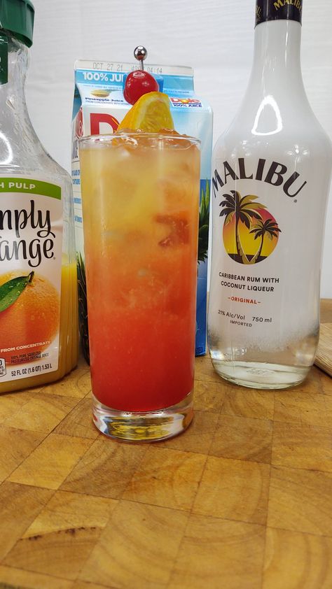 Malibu Sunrise: Classic Cocktail, Tropical Twist | Occasional Cocktails Scooby Snack Shot, Sunrise Drink, Malibu Sunrise, Strawberry Sunrise, Malibu Cocktails, Vodka Sunrise, Coconut Liqueur, Sunrise Cocktail, Malibu Rum