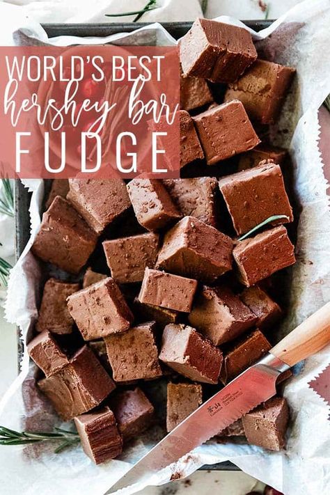 This homemade Hershey's fudge recipe is a holiday favorite. Rich sugar, butter and milk and combined with marshmallow creme, semi-sweet chocolate, and Hershey's bar for a smooth decadent dessert. This old fashioned fudge recipe comes together like a dream, and is the ultimate crowd pleaser. || Oh So Delicioso Fudge With Hershey Bars, Hershey Bar Fudge Recipe, Hershey Bar Fudge, Hershey Chocolate Bar Recipes, Old Fashion Fudge Homemade, Hershey Chocolate Fudge Recipe, Hershey Fudge Recipe, Recipes Using Marshmallows, Old Fashion Fudge Recipes