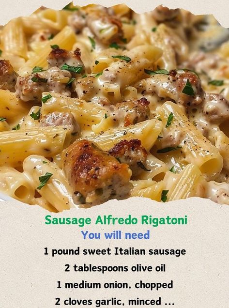 Alexander's Recipes Alfredo Rigatoni, Sausage Alfredo, Rigatoni Pasta, Sweet Italian Sausage, Pasta Pasta, Rigatoni, Main Courses, Roasted Garlic, Italian Sausage