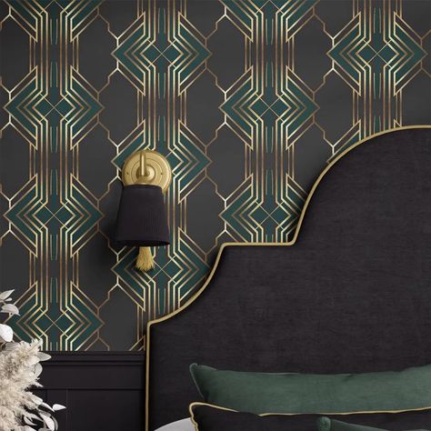 ✨ Transform your space with a touch of Art Deco elegance! ✨ This stunning green and gold geometric wallpaper is perfect for adding a touch of vintage glamour to any room. With its intricate pattern and luxurious metallic accents, it's sure to make a statement. ✨ Easy to apply: Our peel and stick wallpaper is a breeze to install, making it perfect for DIY enthusiasts. ✨ Versatile: Ideal for accent walls, bedrooms, living rooms, and more. ✨ Shop now and elevate your home décor! Shop Link In... Simple Art Deco Pattern, Green And Gold Art Deco, Green And Gold Art, Peel And Stick Wallpaper Ideas, Stick Wallpaper Ideas, Modern Peel And Stick Wallpaper, Bnb Decor, Gold Geometric Wallpaper, Wallpaper For Home