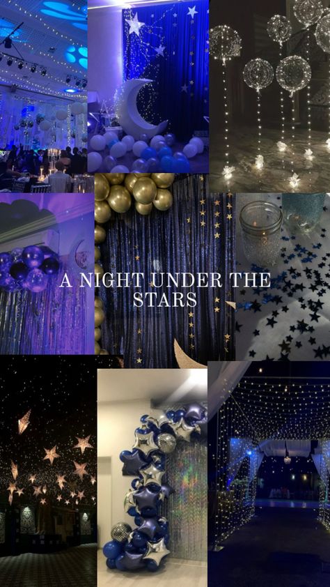 Stars prom theme Night under the Stars Prom Themes Starry Night, Under The Stars Quinceanera Theme, Sweet Sixteen Party Themes, Farewell Decorations, Starry Night Prom, 15th Birthday Decorations, Star Themed Wedding, A Night Under The Stars, Sweet Sixteen Birthday Party Ideas