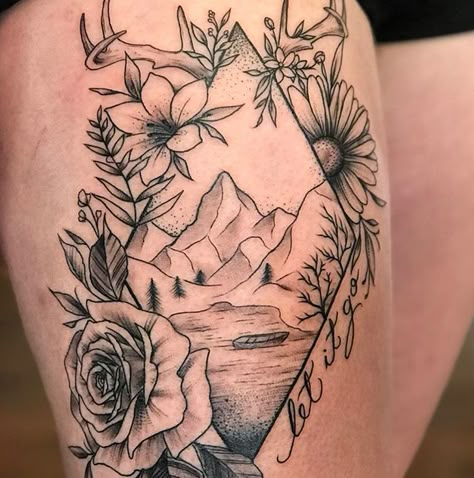 Moutain Tattoos Thigh, Mountains And Nature Tattoo, Mountain Sunflower Tattoo, Moutain Tattoos For Women, Mountain And Flower Tattoo, Moutain Tattoos, Beautiful Spine Tattoos, Thigh Piece Tattoos, Wilderness Tattoo