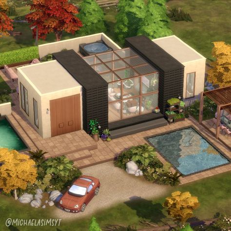 Moonwood Modern Home 🪴 A fairly small home for up to two sims with a modern cozy interior and plenty of outdoor hangout space! I went for a dark wood and purple color scheme on the inside which I also mirrored on the outside. No CC and Maxis Match the sims 4 house exterior || the sims 4 exterior || the sims 4 house || the sims 4 house ideas || sims 4 houses || sims 4 house plans #thesims4 #simshouse #simsbuild #showusyourbuilds #sims4maxismatch #sims4housebuild #simshome #dreamhouse #sims Outdoor Hangout, Modern Home Exterior, Sims 4 Modern House, Hangout Space, Sims 4 House, Die Sims 4, Sims 4 Speed Build, Sims Free Play, Sims 4 House Plans