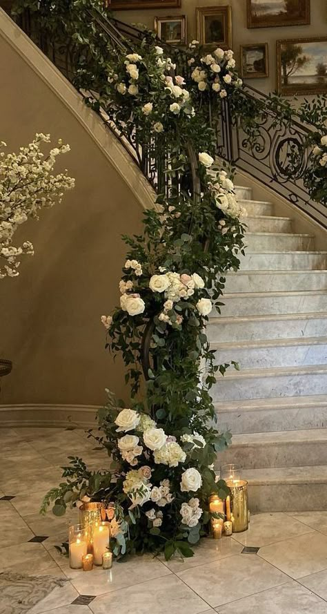 Flower Railing Wedding, Wedding Flowers For Staircase, Stair Florals Wedding, Wedding Ceremony Stairs, Wedding Stairs Flowers, Staircase Wedding Ceremony, Stair Case Wedding Decoration, Wedding Decorations Stairs, Stairs Decor Wedding