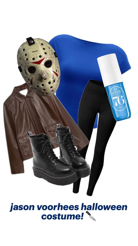 a scary jason voorhees costume from friday the 13th and everything you would need for it! 💙🤎 Cute Jason Voorhees, Jason Voorhees Halloween Costume, Halloween Costume For 3, Jason Halloween Costume, Costume For 3, Jason Costume, Jason Voorhees Costume, Halloween Costumes For 3, Autumn Looks