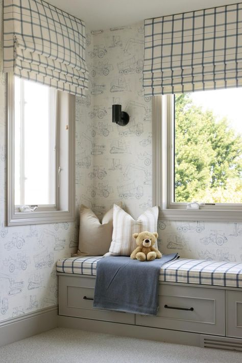 Rochester Project Kids' Rooms | Bria Hammel Interiors Cornice Board Nursery, Window Seat Kids Room, Plaid Boys Room, Studio Mcgee Nursery, Small Playroom Design, Classic Boys Room, Classic Boy Nursery, Clay Bedroom, Green Kids Room