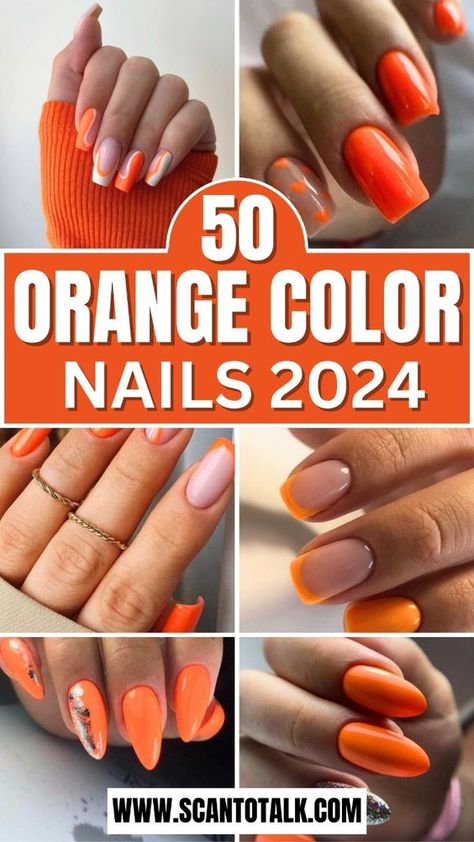 Discover 50 stunning orange nail designs that will add a vibrant touch to your style. From bold neon shades to soft pastels, these nail art ideas are perfect for any season and occasion. Whether you prefer intricate patterns, simple elegance, or a pop of color, you'll find the perfect orange manicure to express your personality. Explore these creative and trendy designs to elevate your nail game and make a statement with your next manicure. Get inspired and transform your look! Beach Orange Nails, Orange Nail Polish Designs, Orange Powder Nails, Orange Nail Color Ideas, Orange Gel Nails Ideas, Orange Short Nail Designs, Reddish Orange Nails, Clementine Nails, Soft Orange Nails