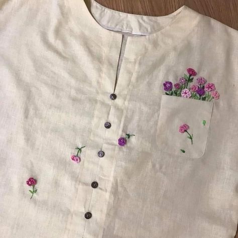 Pola Top, Churidar Neck, Sulaman Pita, Dress Designing, Clothes Embroidery Diy, Simple Hand Embroidery Patterns, Hand Embroidery Dress, Diy Embroidery Designs, Hand Embroidery Videos