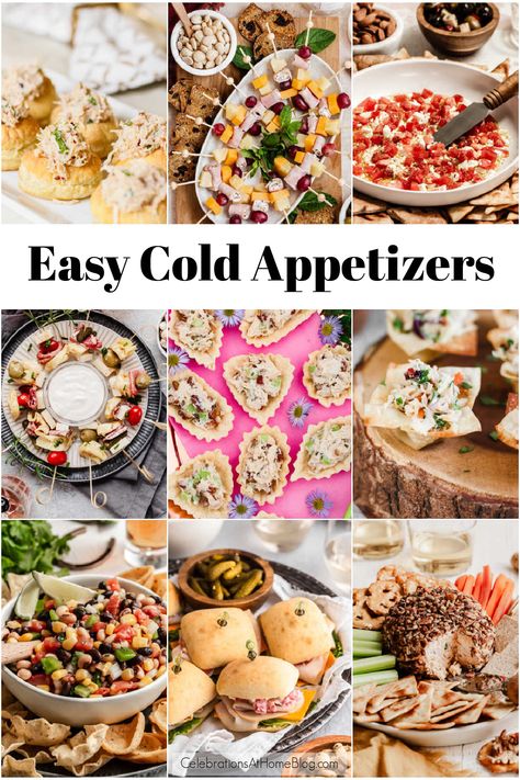 collage of cold party appetizers. Mess Free Appetizers, Finger Food You Can Prepare In Advance, Salad Hors D'oeuvres, Easy Appetizers For A Party Make Ahead Cold Appetizer, Church Appetizers Finger Foods, Auderves Appetizer Recipes, Easy To Make Hors D’oeuvres, Cold Savoury Finger Food, Simple Cold Appetizers For A Party