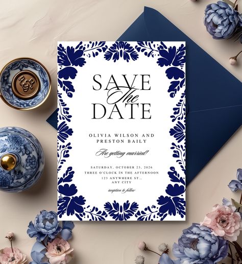 Blue Mexican Save the Date, Talavera Tile Floral Design, Fiesta Wedding Save the Date, Editable Mexican Wedding Template, Birthday Card by Papilix on Etsy Template Birthday Card, Mexican Wedding Invitations, Wedding Kit, Fiesta Wedding, Talavera Tile, Template Birthday, Personalized Matches, Save The Date Template, Deep Navy Blue