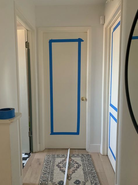 How to improve the look of hollow core doors. How To Make Hollow Core Doors Look Expensive, Diy Upgrade Interior Doors, How To Make Cheap Doors Look Expensive, Add Glass To Hollow Core Door, Hallway Ideas Doors, Ideas For Hollow Core Doors, Painted Hollow Interior Doors, White Wash Interior Doors, Paint Hollow Doors