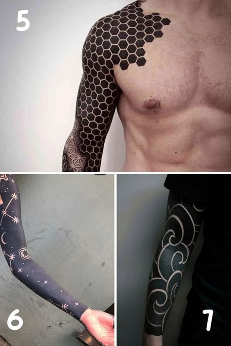 Unique Black Sleeve Tattoo Ideas + Info - TattooGlee Arm Tattoos With Meaning, Black Sleeve Tattoo, Geometric Tattoo Sleeve Designs, Tattoo Sleeve Filler, Shadow Tattoo, Jagua Henna, All Black Tattoos, Geometric Sleeve Tattoo, Black Tattoo Cover Up