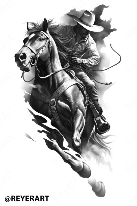 Discover this stunning black and white Procreate brush and stamp design, perfect for creating unique tattoo artwork! Capture the spirit of the wild with this intricate cowboy and horse illustration, ideal for both professional tattoo artists and enthusiasts alike. Elevate your digital art portfolio or create custom tattoo designs that stand out. Transform your creative process with this unique brush set! #TattooArt #ProcreateBrush #DigitalArt #TattooDesign #CowboyTattoo Wild West Tattoo Ideas, Cherokee Indian Tattoos For Men, Cowboy Horse Tattoo, Cowboy Tattoo Design, Horse Tattoo For Men, Black Horse Tattoo, Cowboy Sleeve Tattoo, Ram Tattoo Design, Black And Grey Tattoo Ideas