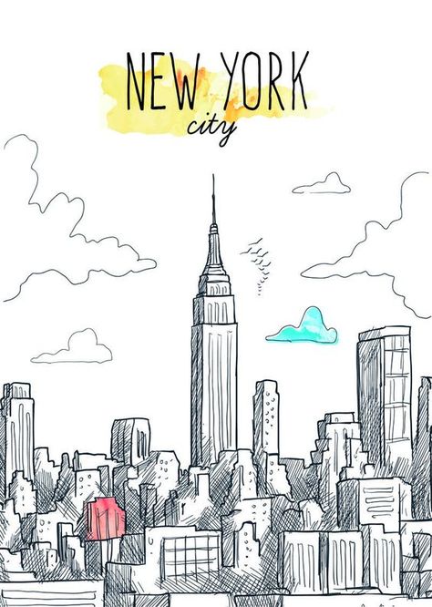 New York Dibujo, Ny Drawing, Nyc Drawing, New York Drawing, New York City Buildings, New York Painting, New York Graffiti, Voyage New York, Building Drawing