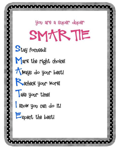 An encouragement for your SMARTIE pants during testing week or any time during the school year Smarties Candy Ideas, Encouraging Notes For Students, Test Prep Motivation, Candy Jar Labels, Candy Sayings, Candy Messages, Testing Encouragement, Notes For Students, Encouraging Notes