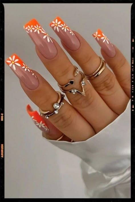 Orange Nail Designs, Sassy Nails, Fancy Nails Designs, Summery Nails, Her Nails, Summer Acrylic Nails, Orange Nails, Square Acrylic Nails, Fancy Nails