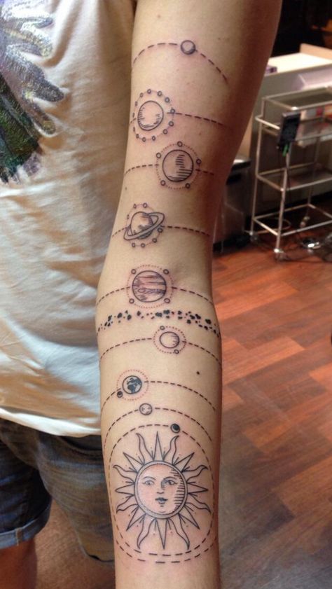 💓 Planet Tattoo, Solar System Tattoo, Planet Tattoos, Men Tattoos, Tattoos Geometric, Geniale Tattoos, Dream Tattoos, Dope Tattoos, Simplistic Tattoos