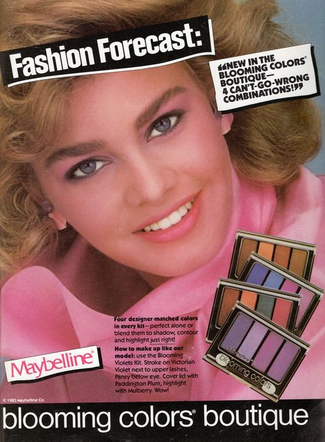 Maybelline 1983 Bold Blush, 80s Makeup Looks, 80’s Makeup, 1980s Makeup, Big Hair Bands, Vintage Makeup Ads, Makeup Illustration, 80s Makeup, Makeup Ads