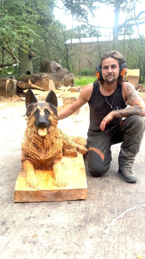 Watch me Chainsaw Carving a Gorgeous German Shepherd Dog 🐶🥹❤ | German Shepherd, art of sculpture, dog, woodworking | Chainsaw Carving a Gorgeous German Shepherd Dog 🐶🥹❤ Watch till the end to see it all finished! #dogs #woodworking #chainsaw #sculpture #germanshepherd... | By Michael Jones Chainsaw Sculptor | Facebook German Shepherd Painting, Shepherd Painting, Chain Saw Art, Chainsaw Sculpture, Chainsaw Wood Carving, Whittling Ideas, German Shepherd Art, Shepherd Art, Dog Bench