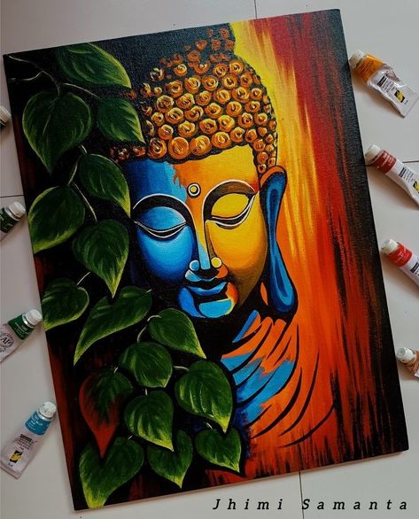 God Buddha Painting, Buddha Folk Art, Painting Ideas On Canvas Indian Art, Lord Buddha Acrylic Painting, Canvas Buddha Paintings, Buddha Art Painting Watercolors, Acrylic Painting Canvas Budda, Canvas Painting Of Buddha, Buddha Acrylic Painting Canvases