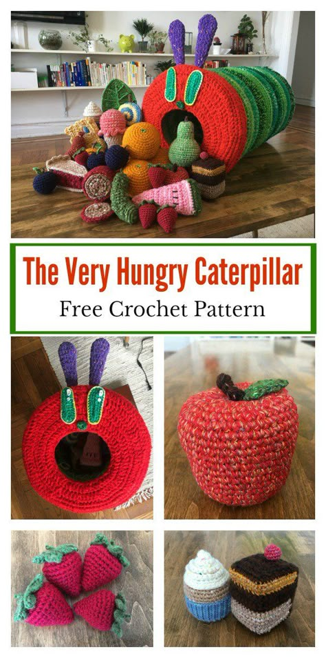 The Very Hungry Caterpillar Free Crochet Pattern #freecrochetpatterns #toy Crochet Kids, Crochet Baby Toys, Crochet Food, The Very Hungry Caterpillar, Haken Baby, Very Hungry Caterpillar, Very Hungry, Hungry Caterpillar, Diy Crochet Projects