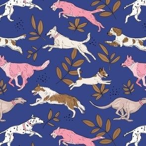 Mixed breed dogs running and playing - pet lovers puppy and leaves summer illustrations kids navy blue pink by littlesmilemakers, click to purchase fabric Dog Repeat Pattern, Summer Illustrations, Puppy Wallpaper Peel And Stick, Dogs Running, Cheap Summer T-shirt With Dog Print, Summer Illustration, Breed Dogs, Mixed Breed Dogs, Adorable Pets