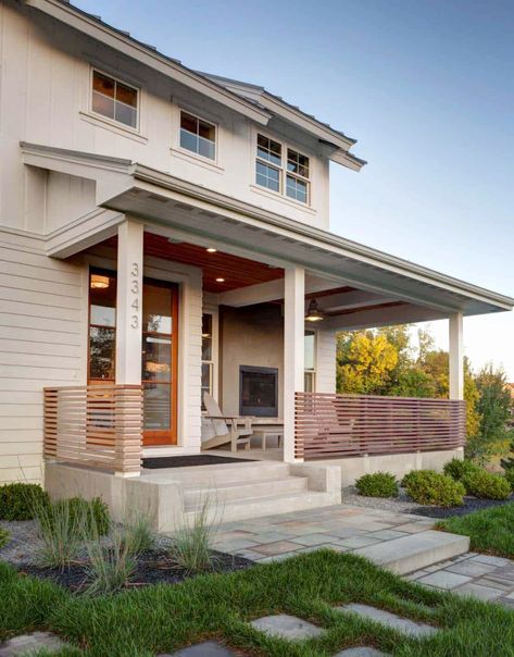 Dream Home on Prior Lake: When Contemporary Meets Farm House American Farmhouse Exterior, Porch Interior Design, Rustic Farmhouse Exterior, Modern Farmhouse Porch, Porch Railing Designs, Modern Front Porches, Farmhouse Porch Decor, Modern Porch, Farmhouse Exterior Design