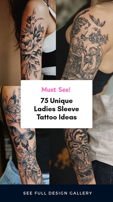 Explore 75 beautiful and unique sleeve tattoo ideas for women. From floral designs to creative artwork, this pin features four inspiring images designed to enhance your tattoo collection. Large Body Tattoos For Women, Women’s Sleeve Tattoo Ideas Nature, Bold Line Tattoo Ideas, Arm Tattoos For Women Half Sleeves, Half Sleeve Tattoos For Women Ideas, Gap Filling Tattoo Ideas, Tattoos To Fill In Gaps, Arm Sleeve Tattoos For Women Meaningful, Wolf Sleeve Tattoo Women