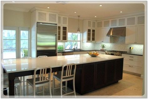 Kitchen Island Double Sided Seating, Long Narrow Kitchen Island, Narrow Kitchen Island With Seating, Long Narrow Kitchen, Narrow Kitchen Island, Best Kitchen Layout, Unique Kitchen Design, Rustic Country Kitchens, Narrow Kitchen