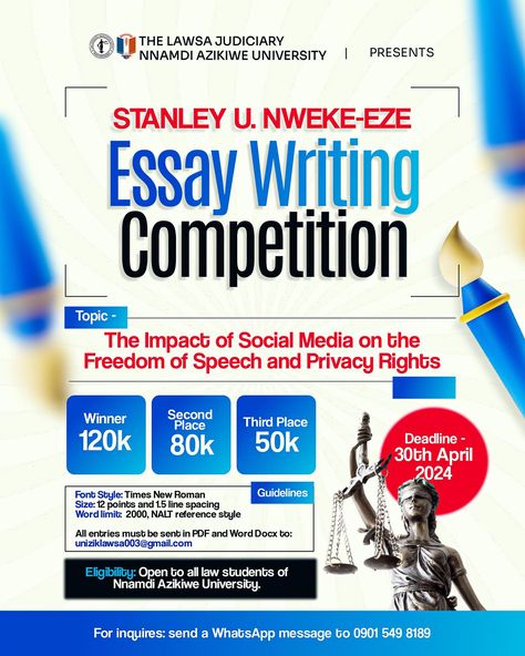 Flyer Designs I created for an Essay Competition…. Which of the slides is more lovelier? What do you think about this project? If good visuals is something you find important for your brand? Send a DM or Message us on WhatsApp +2348148468727, let’s start working together ✅ Want to see my post again?? Follow @abulographix Follow @abulographix #thriink #designathon #designingwithabrief #weektwo #hairvendor #graphicdesign #flyerdesign #graphicdesigner #flyerdesigner #socialmedia #socia... Essay Writing Competition, Essay Competition, Writing Competition, Flyer And Poster Design, Hair Vendor, Whatsapp Message, Law Student, Freedom Of Speech, Working Together