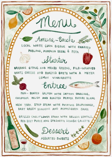 Illustrated Menu Wedding, Hand Painted Menu Cards, Unique Menu Card, Family Dinner Wedding, Watercolor Menu Wedding, Wedding Menu Illustration, Birthday Menu Design, Illustrated Menu Design, Spring Menu Design