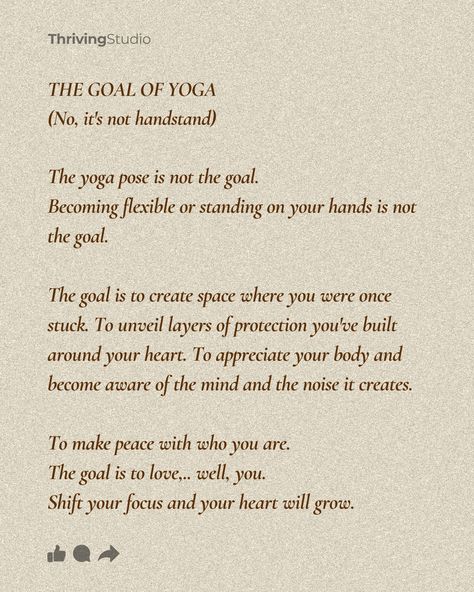 𝐘𝐨𝐠𝐚 𝐢𝐬𝐧’𝐭 𝐚𝐛𝐨𝐮𝐭 𝐩𝐞𝐫𝐟𝐞𝐜𝐭 𝐩𝐨𝐬𝐞𝐬 𝐨𝐫 𝐡𝐚𝐧𝐝𝐬𝐭𝐚𝐧𝐝𝐬—𝐢𝐭'𝐬 𝐚𝐛𝐨𝐮𝐭 𝐜𝐫𝐞𝐚𝐭𝐢𝐧𝐠 𝐬𝐩𝐚𝐜𝐞 𝐰𝐢𝐭𝐡𝐢𝐧, 𝐥𝐨𝐯𝐢𝐧𝐠 𝐲𝐨𝐮𝐫𝐬𝐞𝐥𝐟, 𝐚𝐧𝐝 𝐟𝐢𝐧𝐝𝐢𝐧𝐠 𝐩𝐞𝐚𝐜𝐞 𝐢𝐧 𝐰𝐡𝐨 𝐲𝐨𝐮 𝐚𝐫𝐞. #ThrivingStudio #YogaJourney" #InnerPeace #YogaGoals #MindfulLiving #SelfLove #PersonalGrowth #YogaForLife #FindYourSpace #EmbraceYourself #MindBodySoul #WellnessJourney Yoga Introduction Script, Yoga Opening Script, Yoga Script, Yoga Names, Yoga Quotes Inspirational, Yoga Words, Yoga Education, Yoga Aesthetic, Body Connection