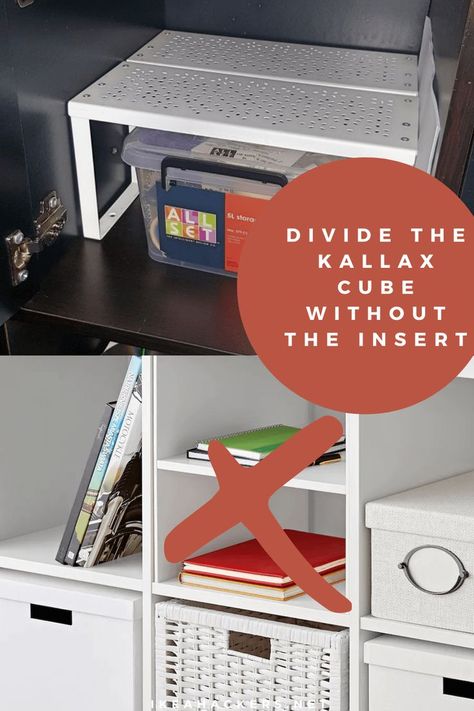 Divide the KALLAX cube in half without using the IKEA shelf insert. Here's a cheaper alternative. Cube Storage Divider Diy, Cube Shelf Divider, Kallax Shelf Divider, Tv Stand Using Cube Shelf, Cube Organizer Shelf Insert, Cube Shelf Shoe Storage, Cube Shelf Organization, Diy Kallax Shelf Insert, How To Organize Cube Shelves