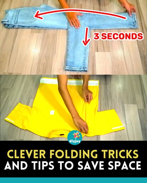 Do you need more storage for your clothes? Here are some folding hacks that will surely give you enough space to store all of them! Easy Ways To Fold Clothes To Save Space, Fold Tshirts Save Space, Fold Clothes To Save Space, Best Way To Fold Jeans To Save Space, Folding Jeans To Save Space In Drawers, Ways To Fold Clothes To Save Space, How To Fold Jeans To Save Space, How To Fold Pants To Save Space, Folding Clothes To Save Space Travel