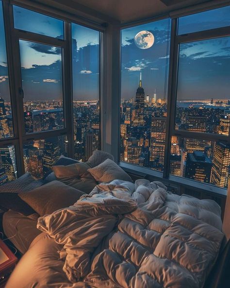 Small Bedroom With Balcony Design, Floor To Ceiling Window Apartment, City Room Aesthetic, City Apartment Aesthetic Night, New York Aesthetic Room, Crappy Apartment Aesthetic, Nyc View Apartment Window, Penthouse Bedroom Design, Condo Bedroom Ideas